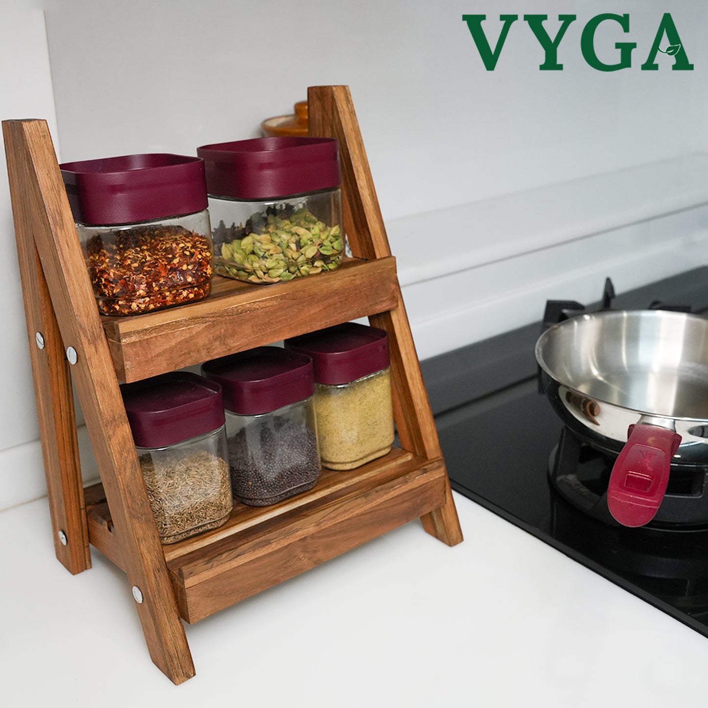 Vyga Handmade Teak Wood Spice Rack for Kitchen – 2-Level Shelf for Masalas & Jars | Countertop Kitchen Organizer