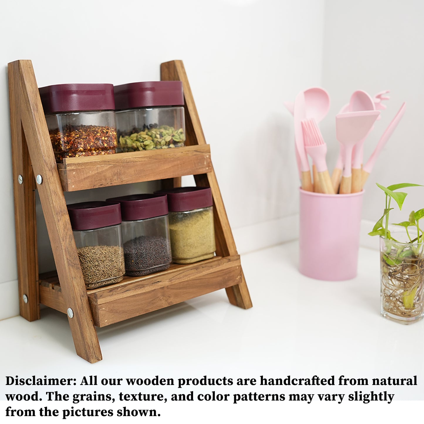 Vyga Handmade Teak Wood Spice Rack for Kitchen – 2-Level Shelf for Masalas & Jars | Countertop Kitchen Organizer