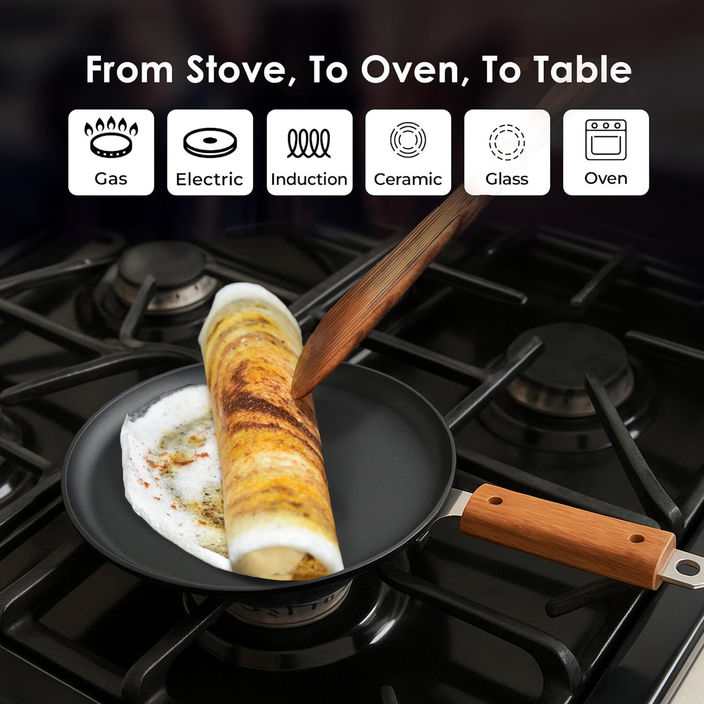 Fried omelette being flipped in a pan on a stove with cooking method icons above. cooking methods are gas,electric, induction,ceramic, glass, oven