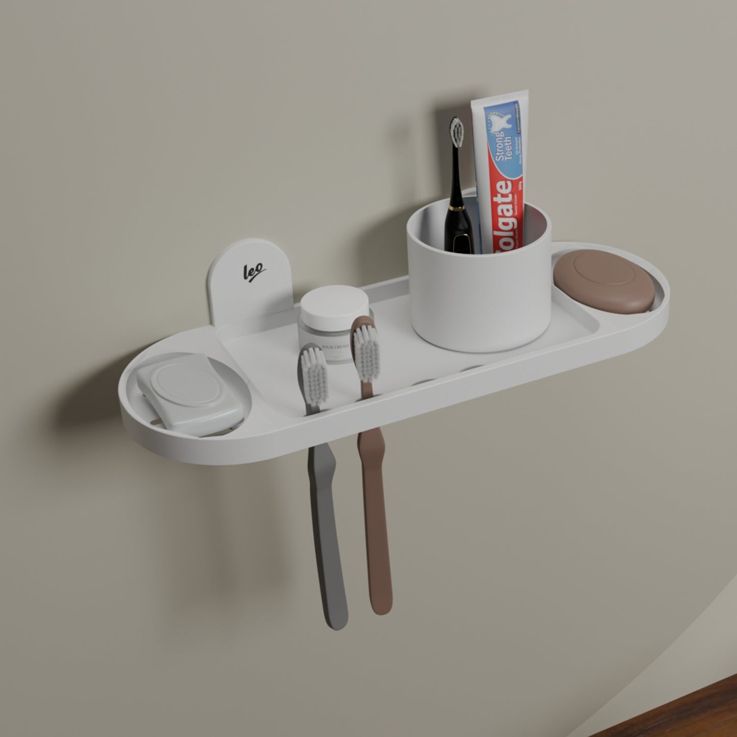 Leo 3 in 1 ABS Wall Shelf | Soap Dish, Tooth Brush Holder and Tumbler Holder in One| White Multipurpose Wall Shelf