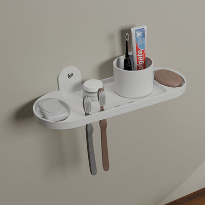 Leo 3 in 1 ABS Wall Shelf | Soap Dish, Tooth Brush Holder and Tumbler Holder in One| White Multipurpose Wall Shelf