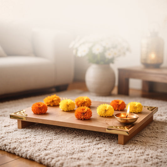 Tantra Handcrafted Wooden Pooja Chowki – Traditional Decor for Home Temple & Puja Rituals (50*35)