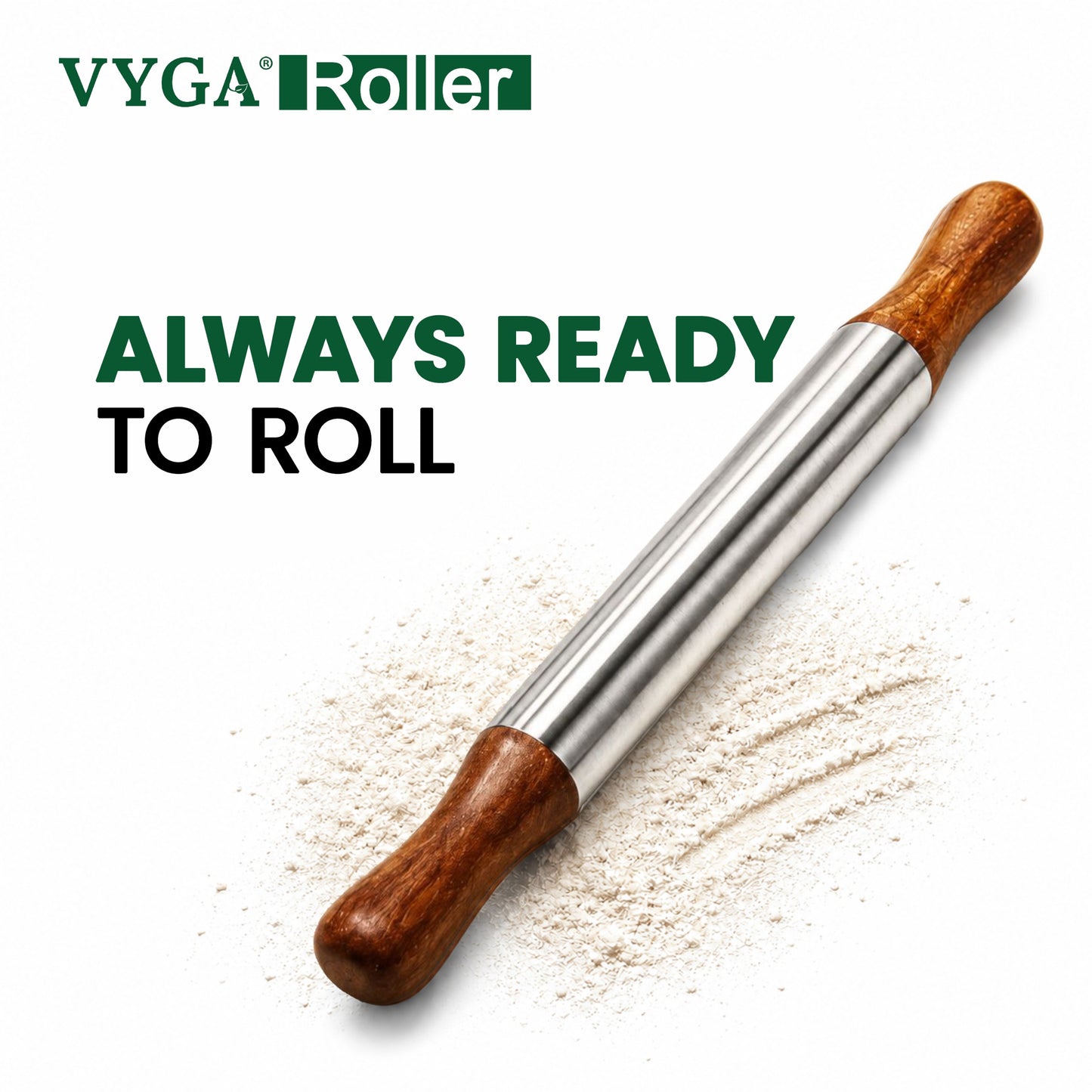 VYGA Stainless Steel Rolling Pin with Premium Teak Wood Handle