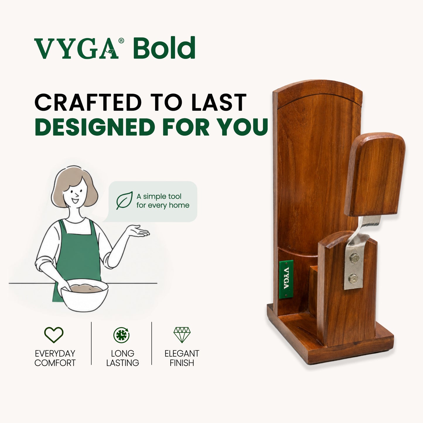 Vyga Bold Handmade Teak Wood Coconut Scraper – Handcrafted in Kerala 🥥✨