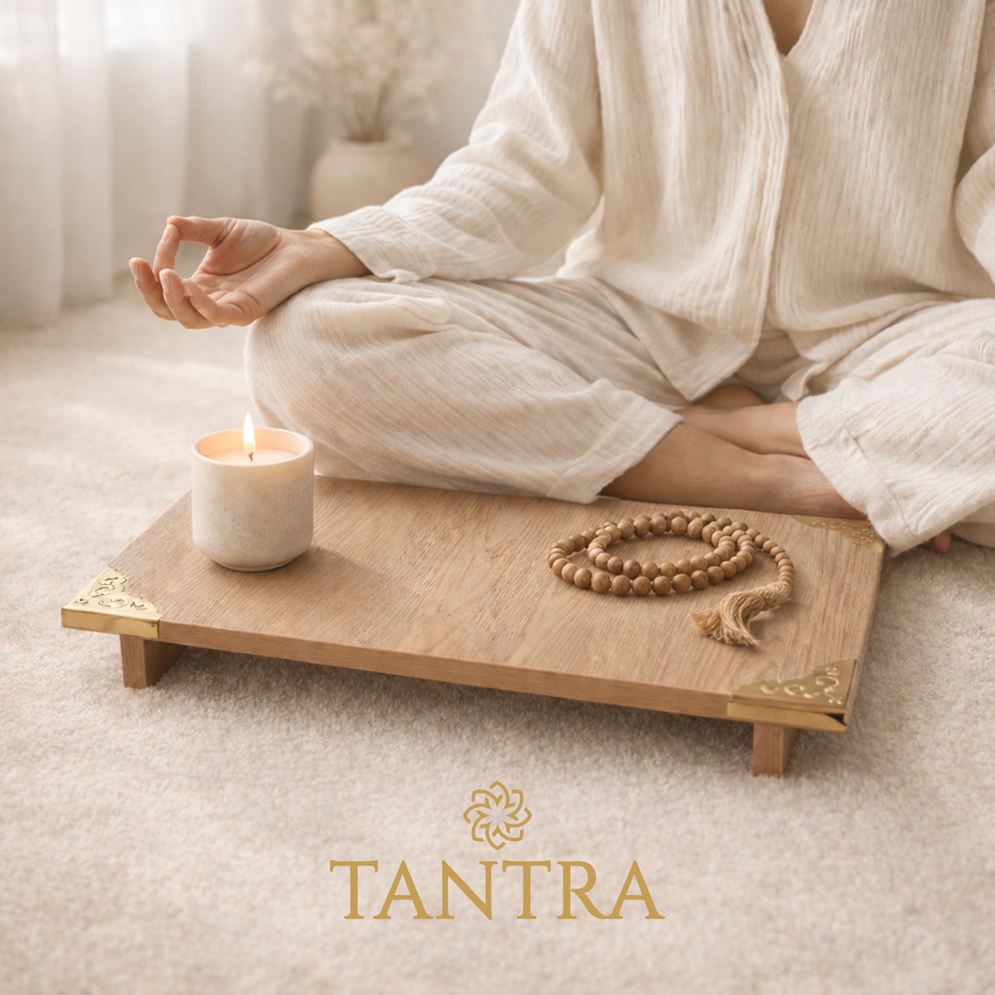 Tantra Handcrafted Wooden Pooja Chowki – Traditional Decor for Home Temple & Puja Rituals (50*35)