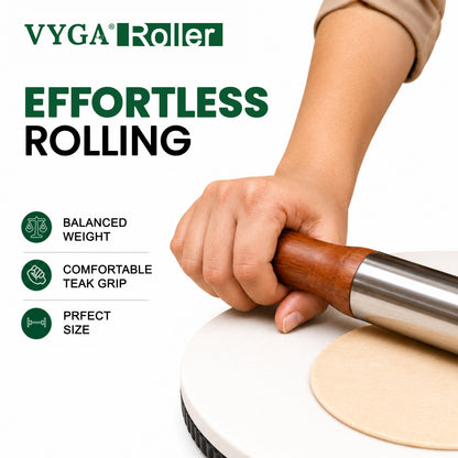 VYGA Stainless Steel Rolling Pin with Premium Teak Wood Handle