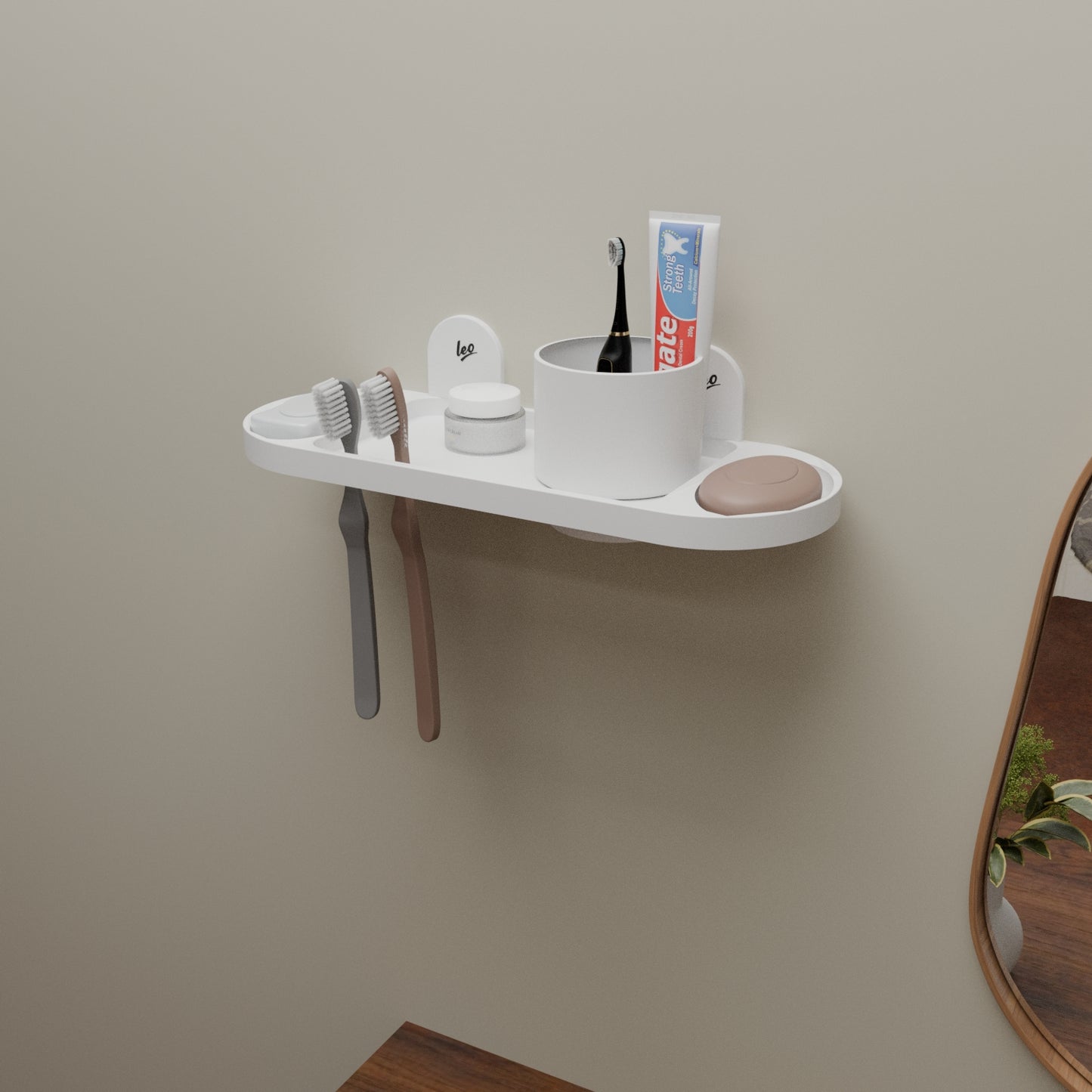 Leo 3 in 1 ABS Wall Shelf | Soap Dish, Tooth Brush Holder and Tumbler Holder in One| White Multipurpose Wall Shelf