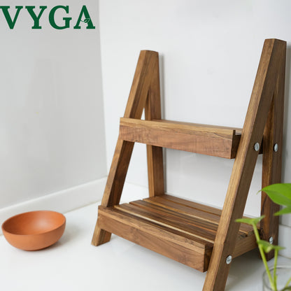 Vyga Handmade Teak Wood Spice Rack for Kitchen – 2-Level Shelf for Masalas & Jars | Countertop Kitchen Organizer