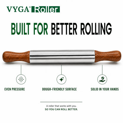 VYGA Stainless Steel Rolling Pin with Premium Teak Wood Handle