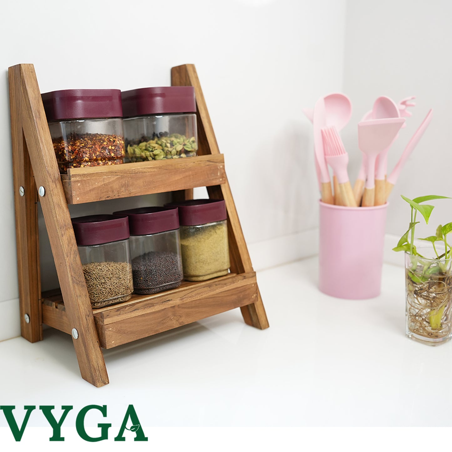 Vyga Handmade Teak Wood Spice Rack for Kitchen – 2-Level Shelf for Masalas & Jars | Countertop Kitchen Organizer