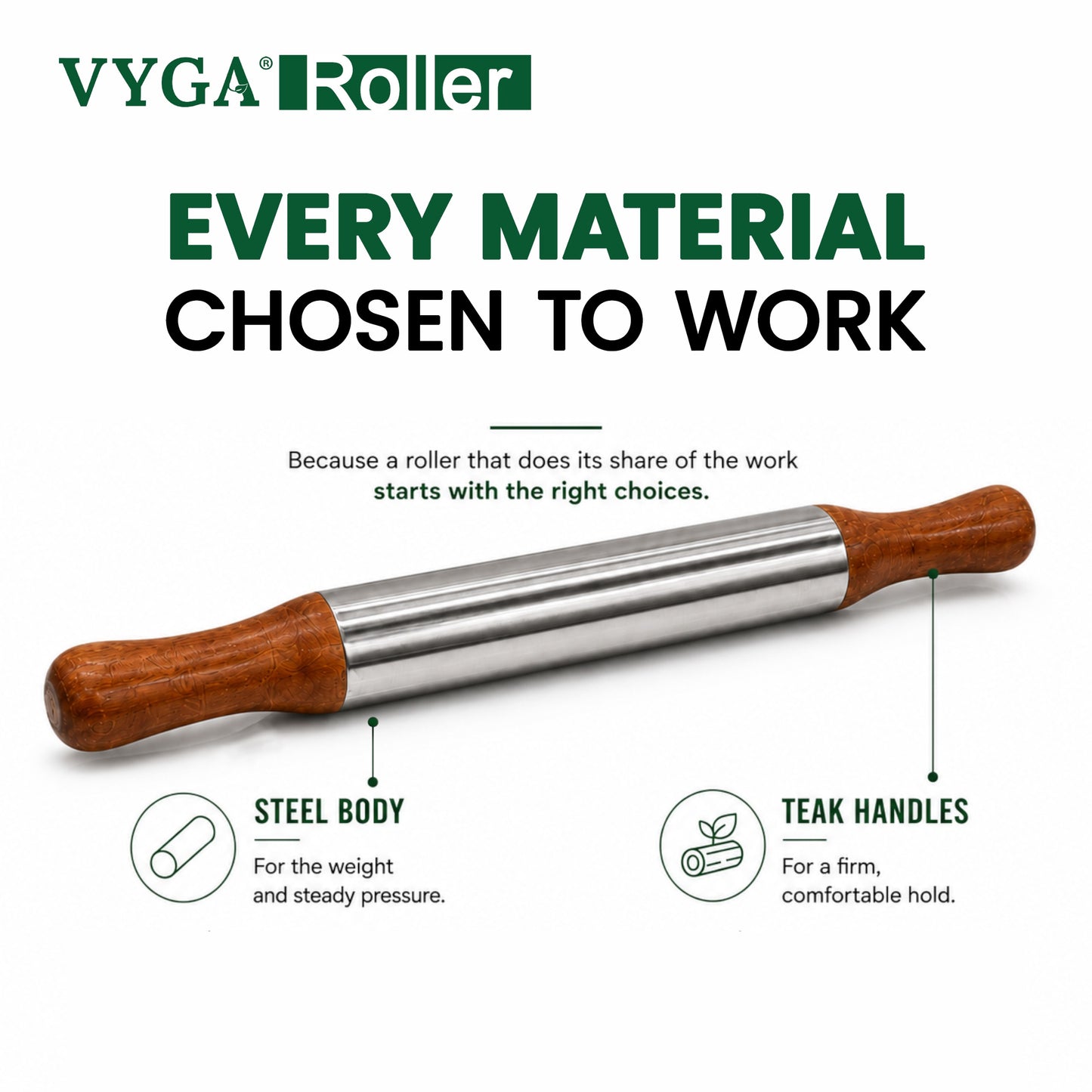 VYGA Stainless Steel Rolling Pin with Premium Teak Wood Handle