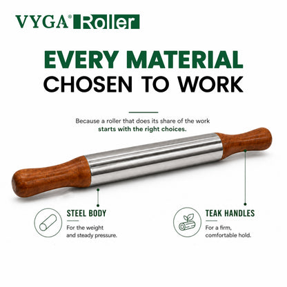 VYGA Stainless Steel Rolling Pin with Premium Teak Wood Handle