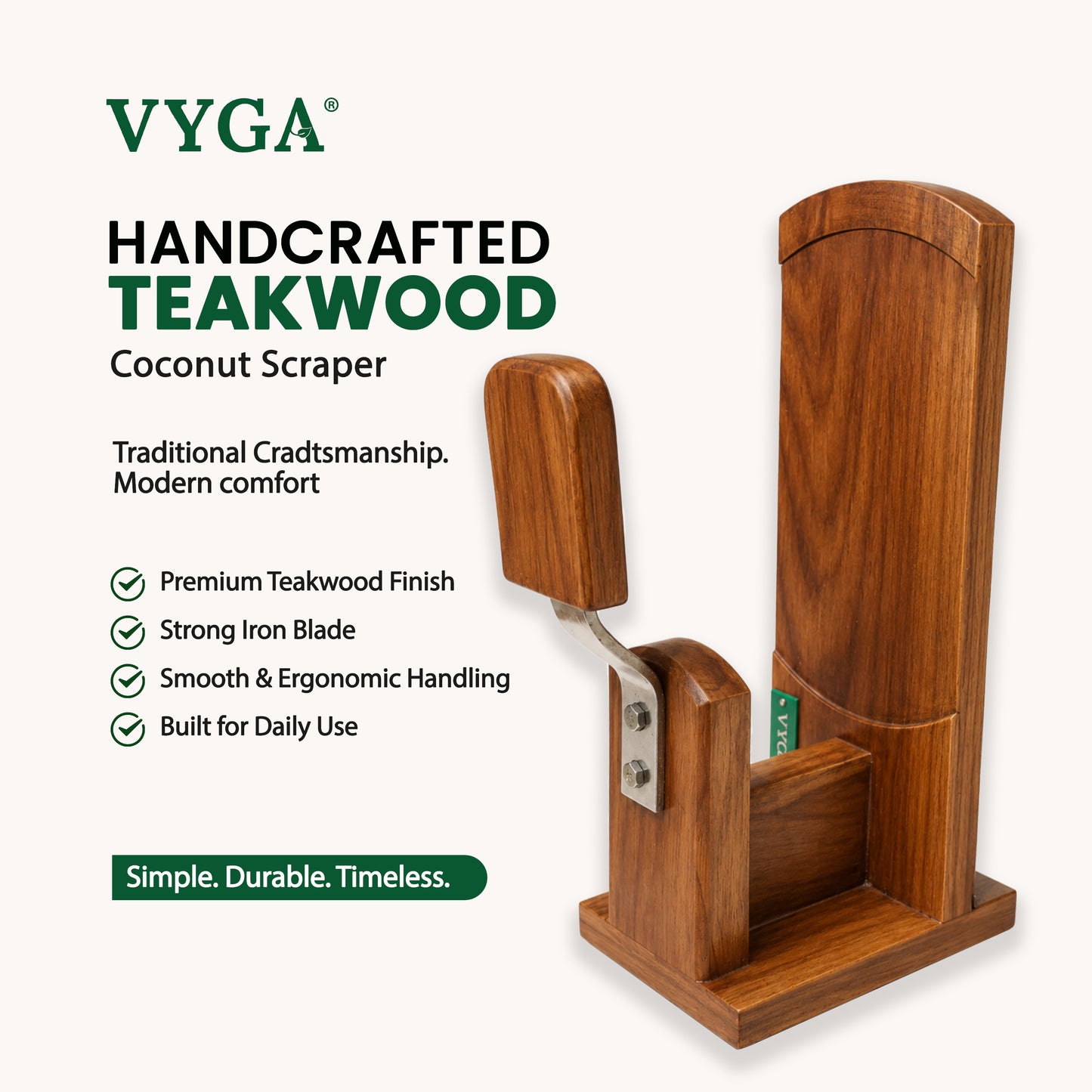 Vyga Bold Handmade Teak Wood Coconut Scraper – Handcrafted in Kerala 🥥✨