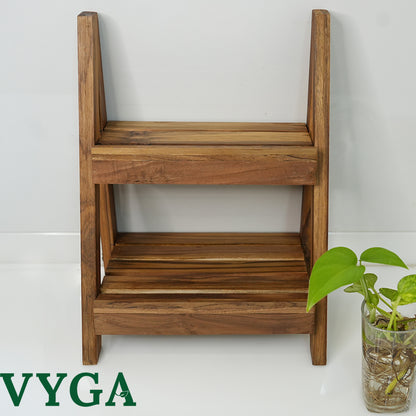 Vyga Handmade Teak Wood Spice Rack for Kitchen – 2-Level Shelf for Masalas & Jars | Countertop Kitchen Organizer