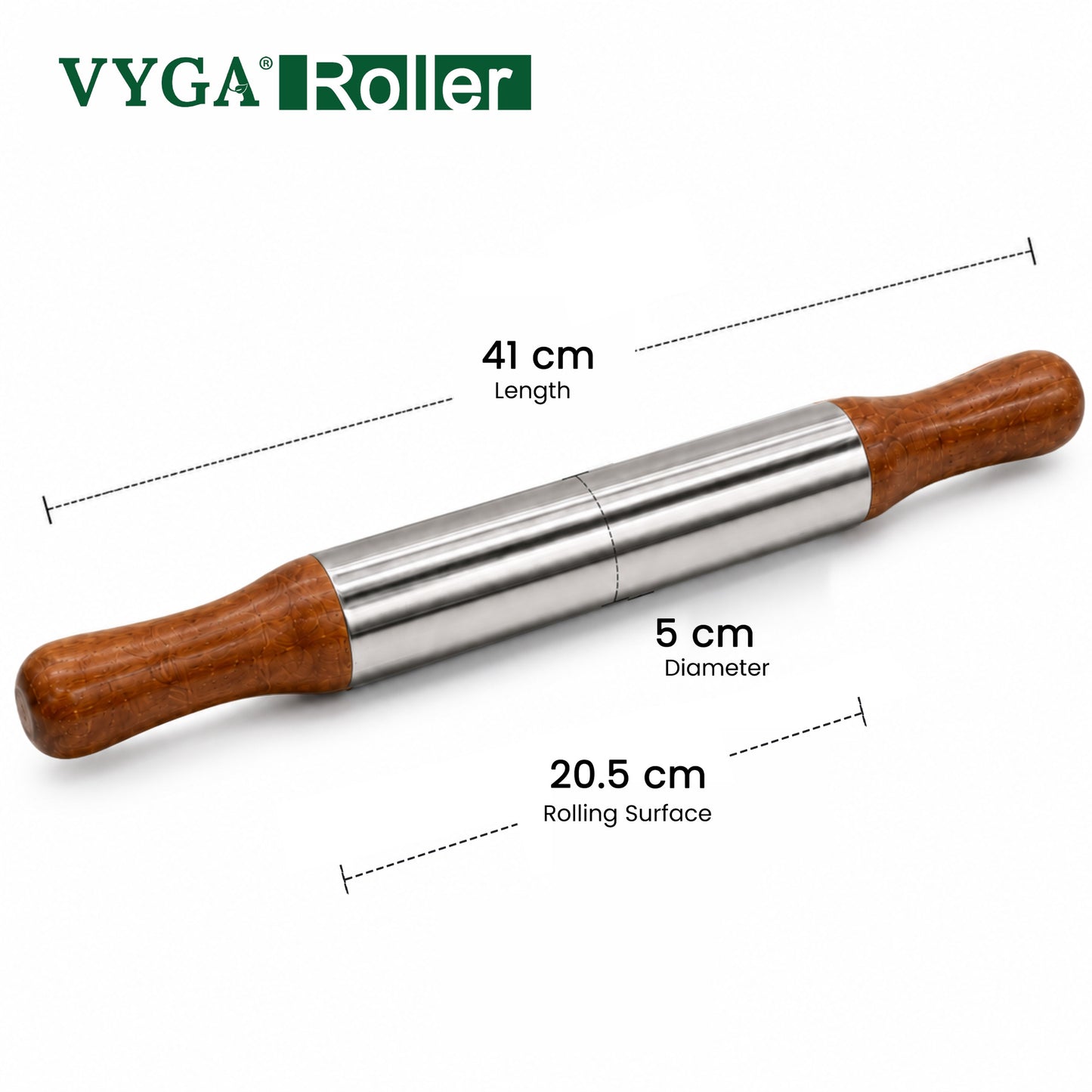 VYGA Stainless Steel Rolling Pin with Premium Teak Wood Handle