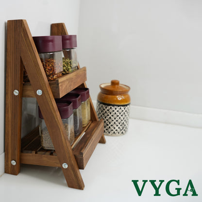 Vyga Handmade Teak Wood Spice Rack for Kitchen – 2-Level Shelf for Masalas & Jars | Countertop Kitchen Organizer