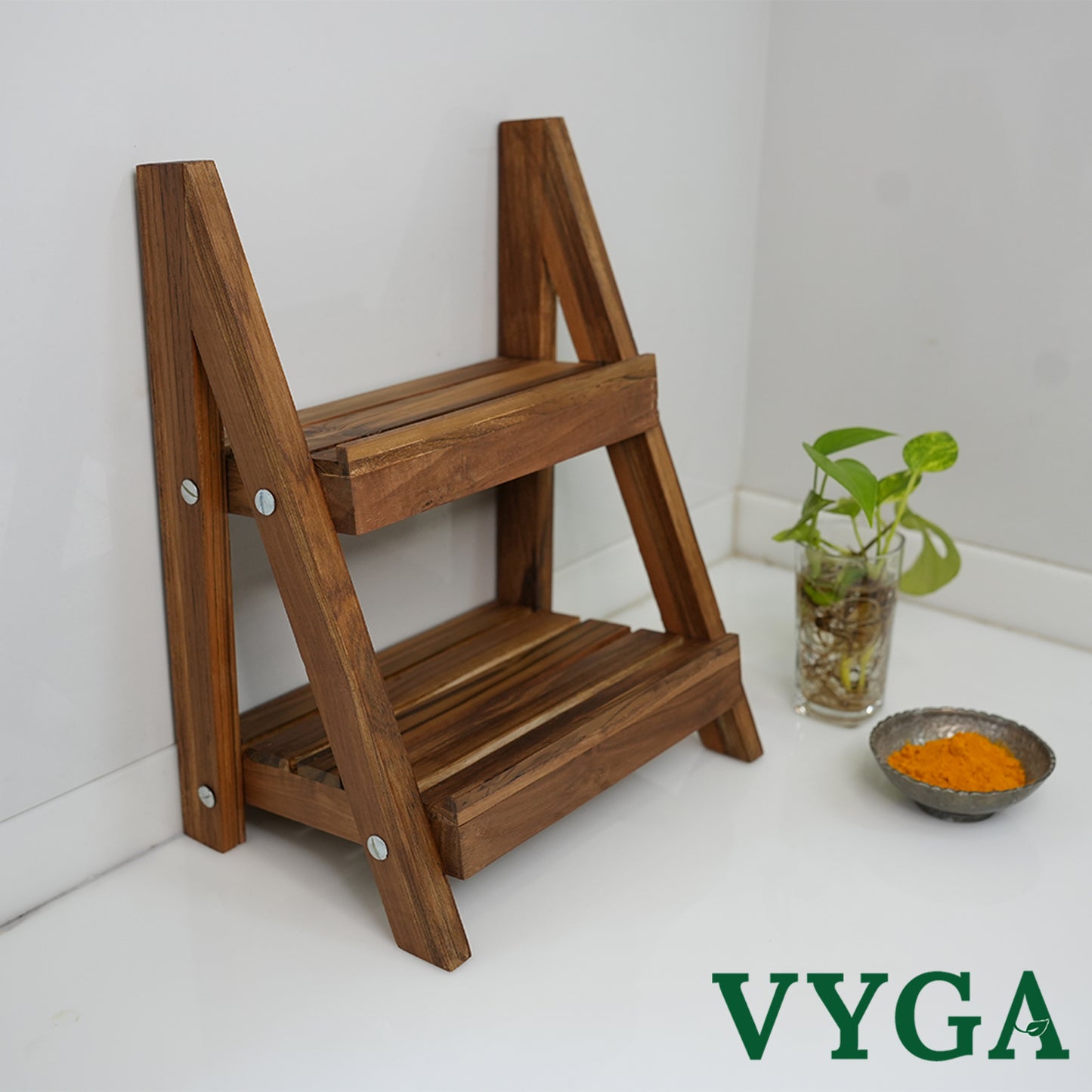 Vyga Handmade Teak Wood Spice Rack for Kitchen – 2-Level Shelf for Masalas & Jars | Countertop Kitchen Organizer