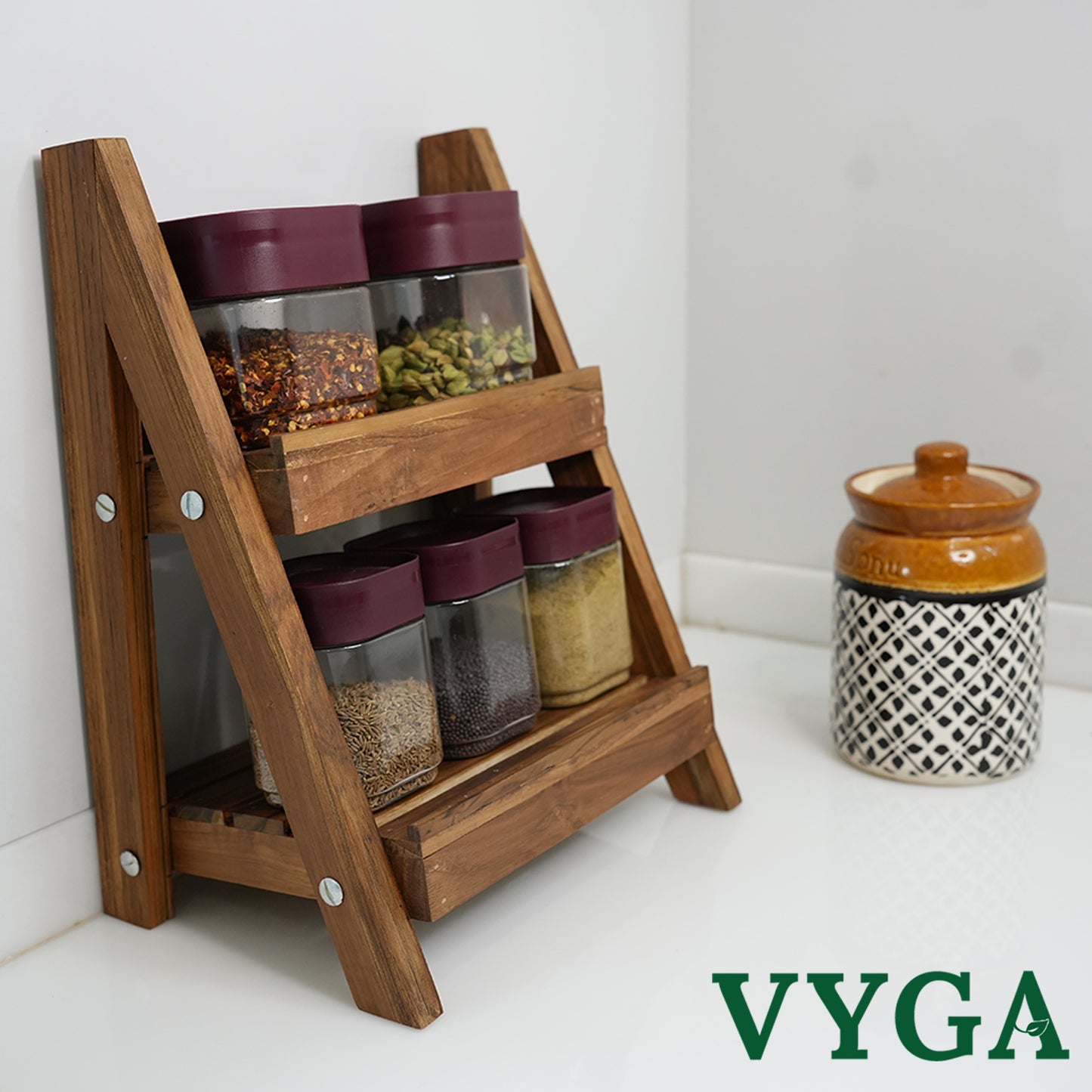 Vyga Handmade Teak Wood Spice Rack for Kitchen – 2-Level Shelf for Masalas & Jars | Countertop Kitchen Organizer
