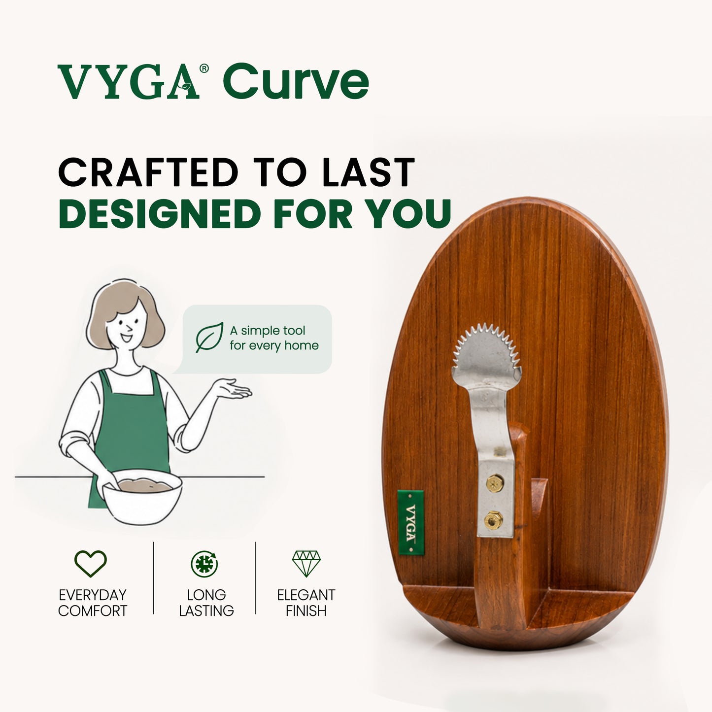 Vyga CURVE Premium Teak Wood Coconut Scraper — Handcrafted in Kerala 🥥✨