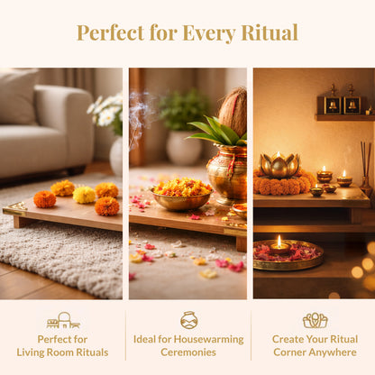 Tantra Handcrafted Wooden Pooja Chowki – Traditional Decor for Home Temple & Puja Rituals (50*35)