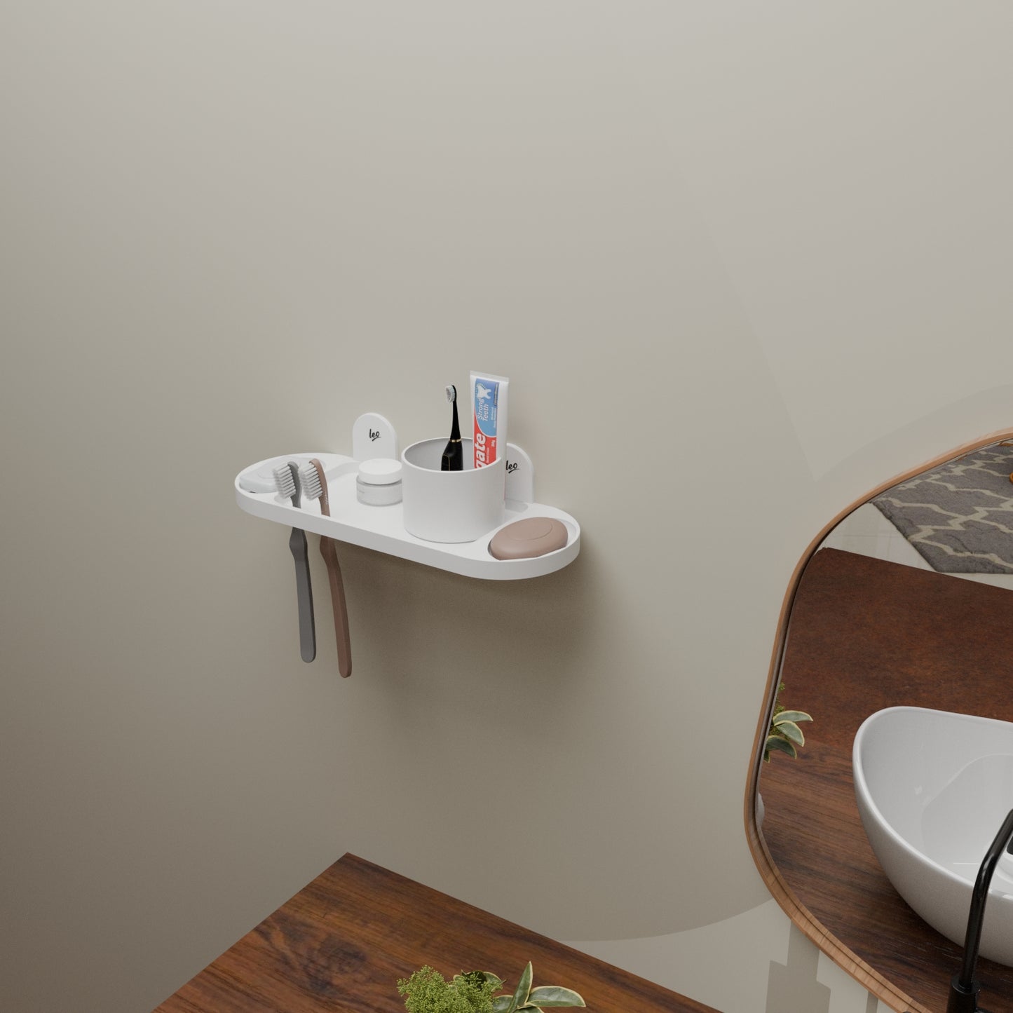 Leo 3 in 1 ABS Wall Shelf | Soap Dish, Tooth Brush Holder and Tumbler Holder in One| White Multipurpose Wall Shelf