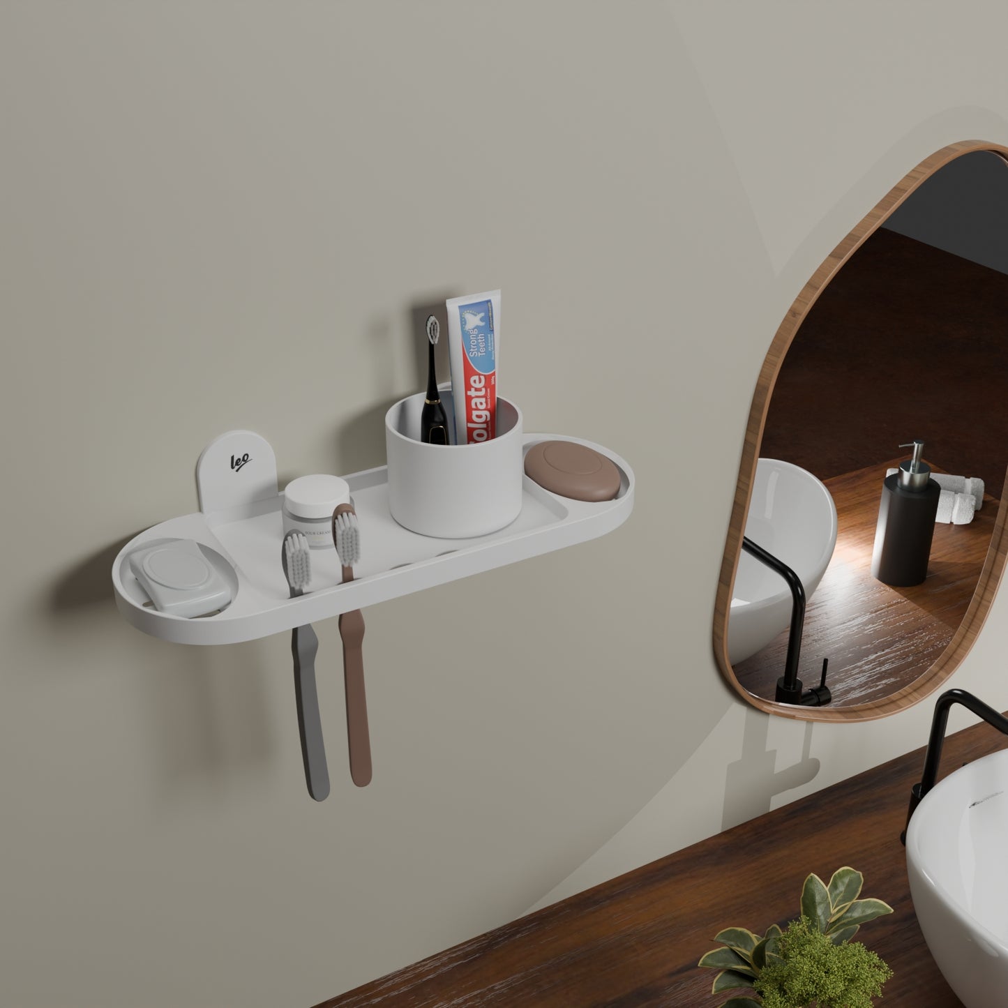 Leo 3 in 1 ABS Wall Shelf | Soap Dish, Tooth Brush Holder and Tumbler Holder in One| White Multipurpose Wall Shelf