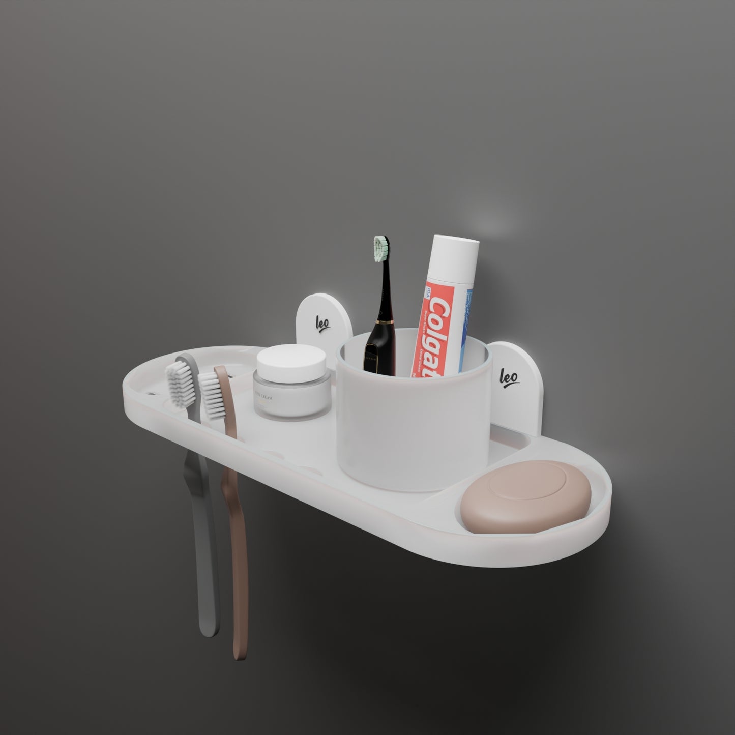 Leo 3 in 1 ABS Wall Shelf | Soap Dish, Tooth Brush Holder and Tumbler Holder in One| White Multipurpose Wall Shelf